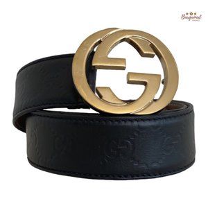 Authentic Gucci Black Guccissima Leather Gold Interlocking G Buckle Belt 85/34